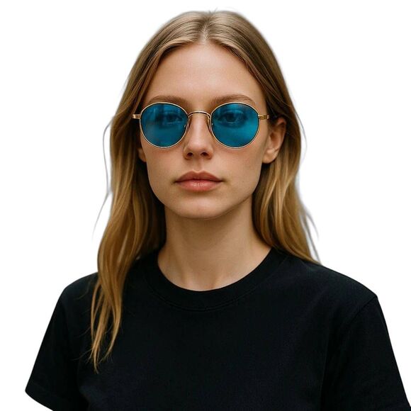 Gold Frame Blue Lens Fashion Sunglasses UV400 - Picture 1 of 10
